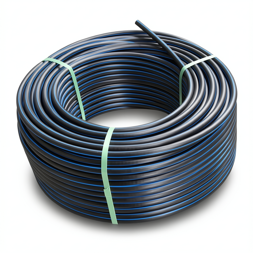 لفة أنابيب بلاستيك HDPE ضغط 16 بار PE 100، قطر خارجي 40 مم SDR 11، أسود مع خطوط زرقاء