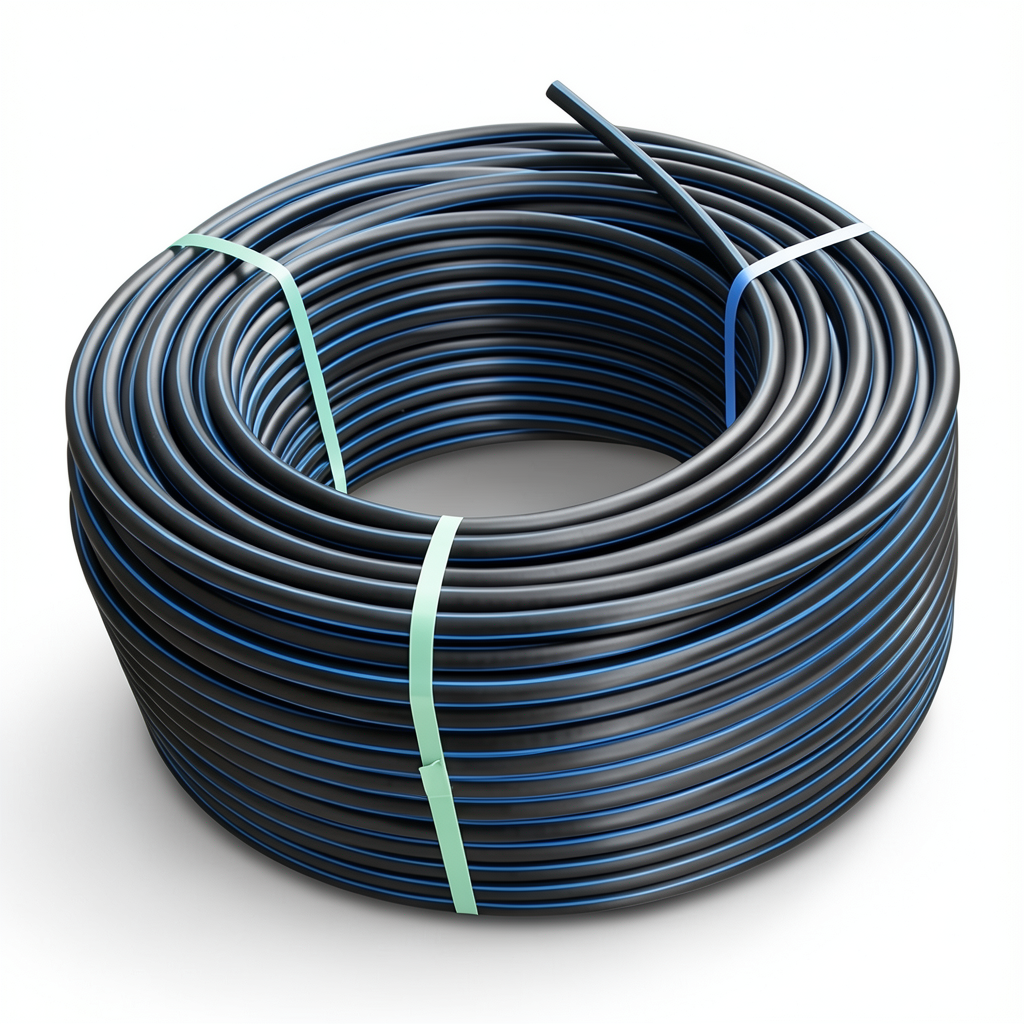 لفة أنابيب HDPE ضغط 16 بار PE 100 قطر خارجي 63 مم SDR 11 أسود مع خطوط زرقاء