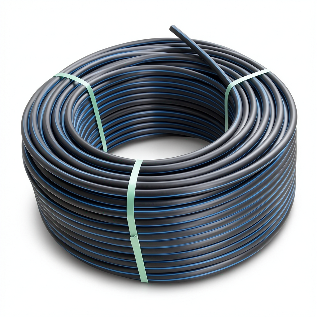 لفة أنابيب بلاستيك HDPE ضغط 16 بار PE 100، قطر خارجي 110 مم SDR 11 لون أسود مع خط أزرق