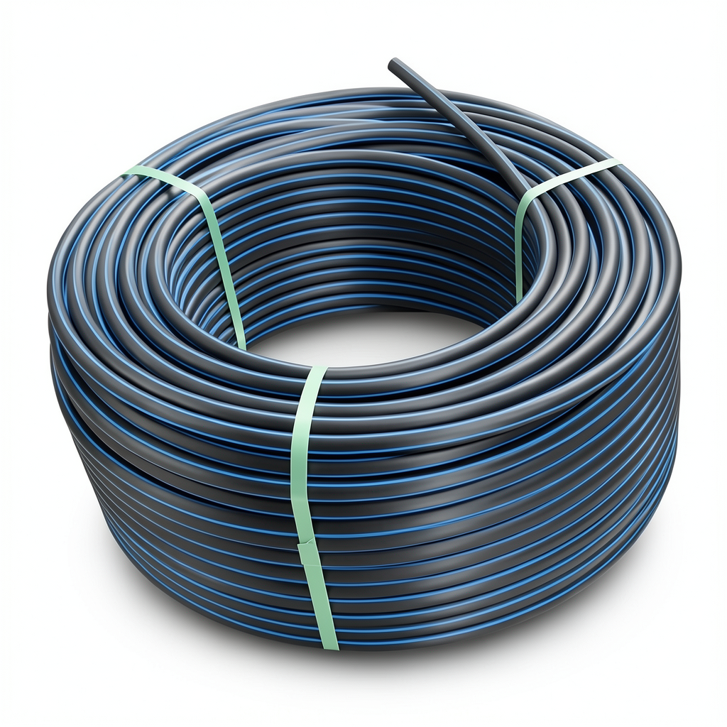 لفة أنابيب HDPE ضغط اسمي 20 بار PE 100 قطر خارجي 20 مم SDR 9 أسود مع خطوط زرقاء