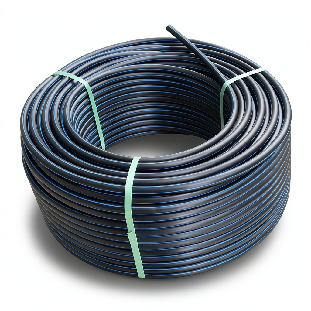 لفة أنابيب بلاستيك HDPE ضغط 20 بار PE 100 قطر خارجي 32 مم SDR 9 أسود مع خط أزرق