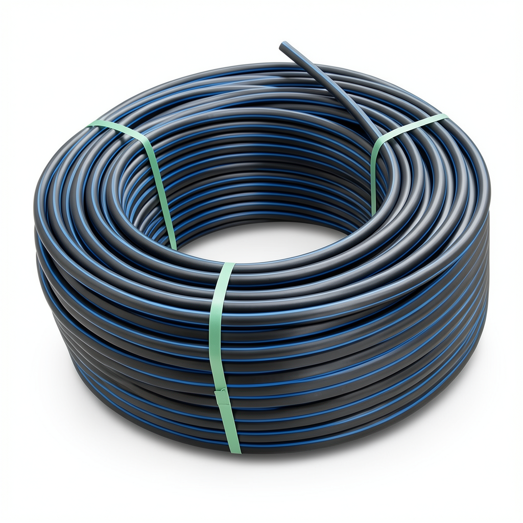 HDPE Plastic Coil Pipe PN 20 Bar PE 100, 40 mm Diameter, SDR 9 Black with Blue Stripes