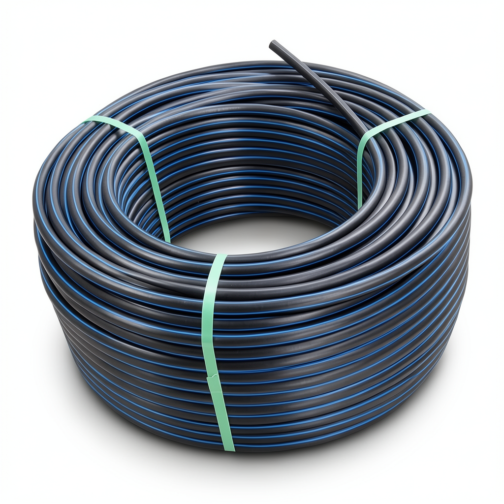لفة أنابيب HDPE ضغط اسمي 20 بار PE 100 قطر خارجي 20 مم SDR 9 أسود مع خطوط زرقاء
