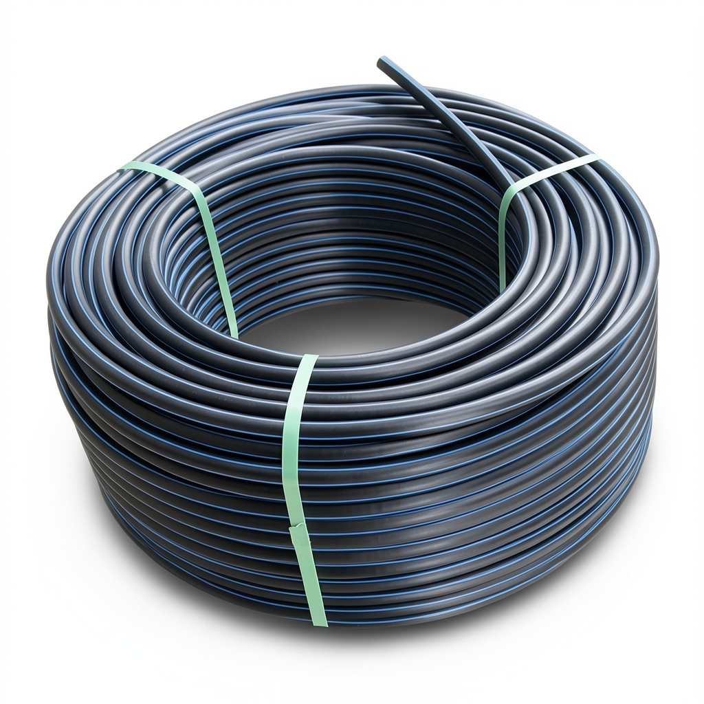 HDPE Plastic Coil Pipe PN 20 Bar PE 100, 40 mm Diameter, SDR 9 Black with Blue Stripes
