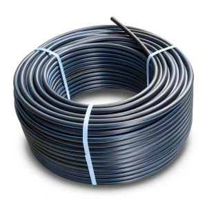 لفة أنابيب بلاستيك HDPE ضغط 20 بار PE 100 قطر خارجي 50 مم SDR 9 أسود مع خط أزرق