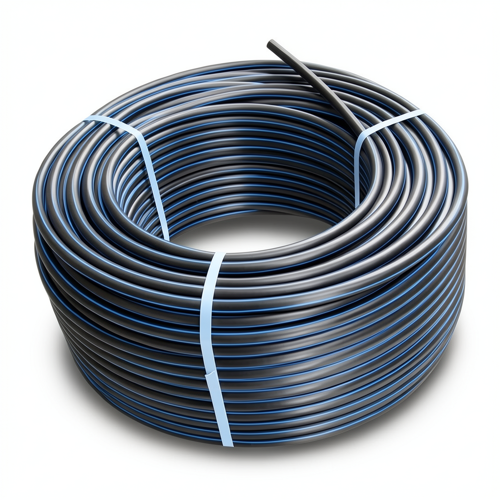 لفة أنابيب بلاستيك HDPE ضغط 20 بار PE 100 قطر خارجي 50 مم SDR 9 أسود مع خط أزرق
