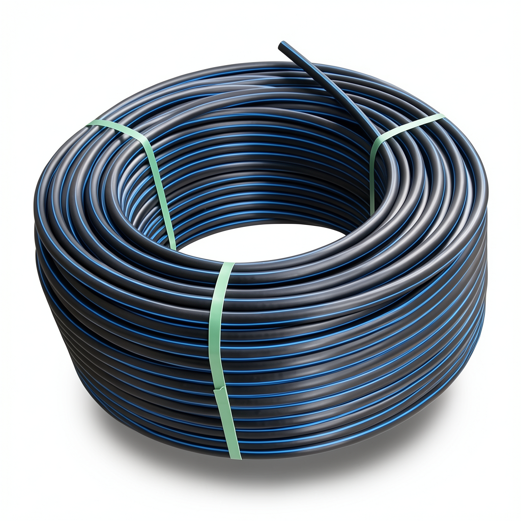 HDPE Coil Pipe Pressure 10 Bar PE 100 Size 32 mm SDR 17 Black with Blue Stripes