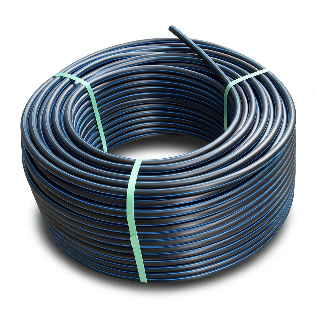 HDPE Plastic Coil Pipe PN 20 Bar PE 100 OD 63 mm SDR 9 Black with Blue Stripes