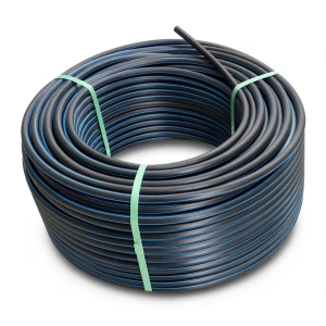 HDPE Coil Pipe Pressure 10 Bar PE 100 Size 32 mm SDR 17 Black with Blue Stripes