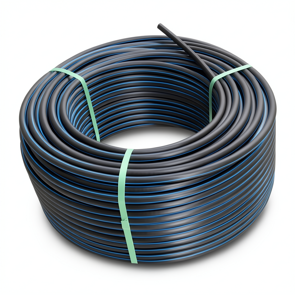 HDPE Coil Pipe Pressure 10 Bar PE 100 Size 32 mm SDR 17 Black with Blue Stripes