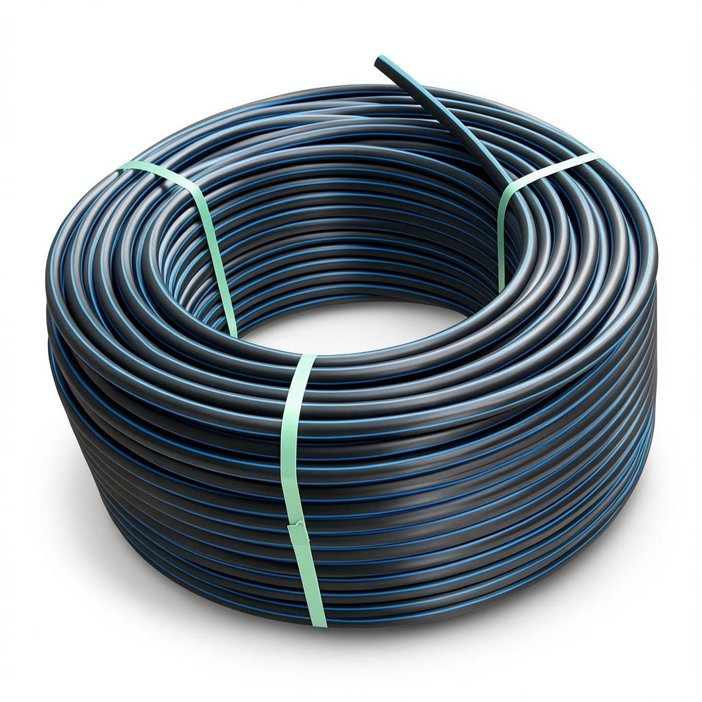 لفة أنابيب بلاستيك HDPE ضغط 10 بار PE 100، قطر خارجي 50 مم، SDR 17، أسود مع خط أزرق