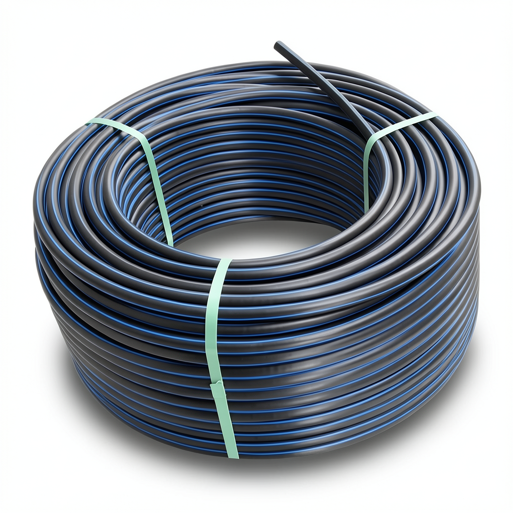 HDPE Coil Pipe Pressure 10 Bar PE 100 Size 75 mm SDR 17 Black with Blue Stripes