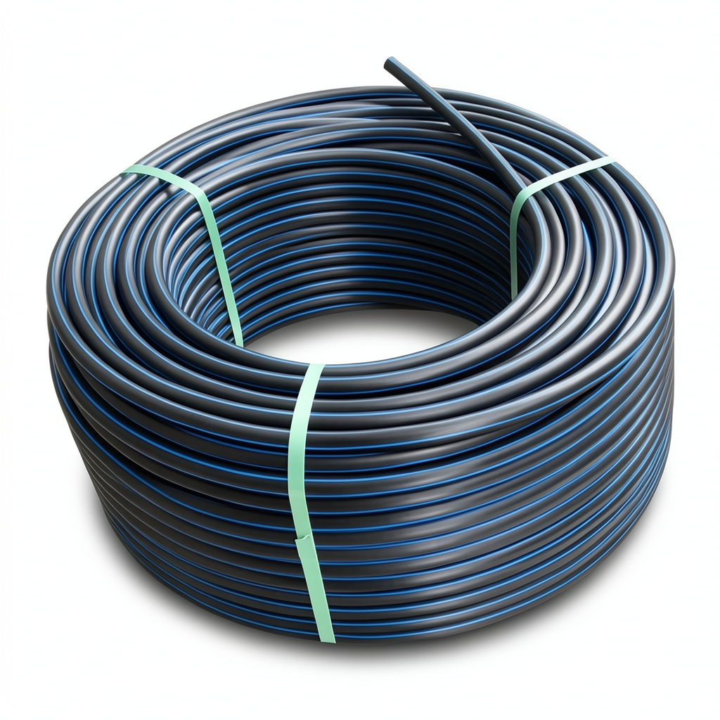 HDPE Coil Pipe Pressure 10 Bar PE 100 Size 75 mm SDR 17 Black with Blue Stripes