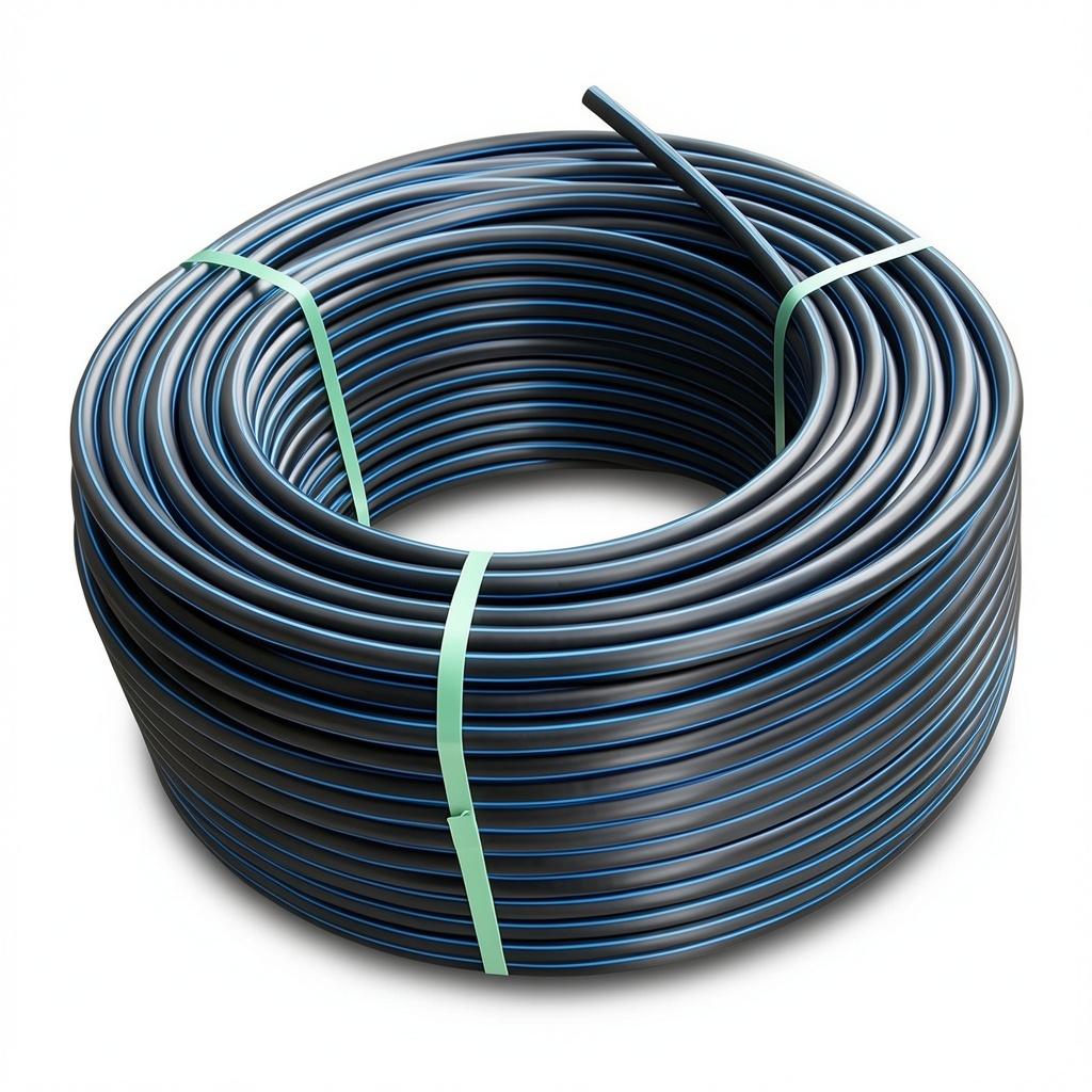 لفة أنابيب HDPE ضغط 10 بار PE 100 قطر خارجي 125 مم SDR 17 لون أسود مع خط أزرق