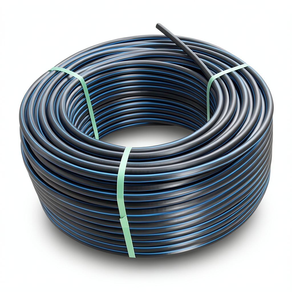 HDPE Plastic Coil Pipe 20 Bar Pressure PE 100, 75 mm OD SDR 9 Black with Blue Stripes