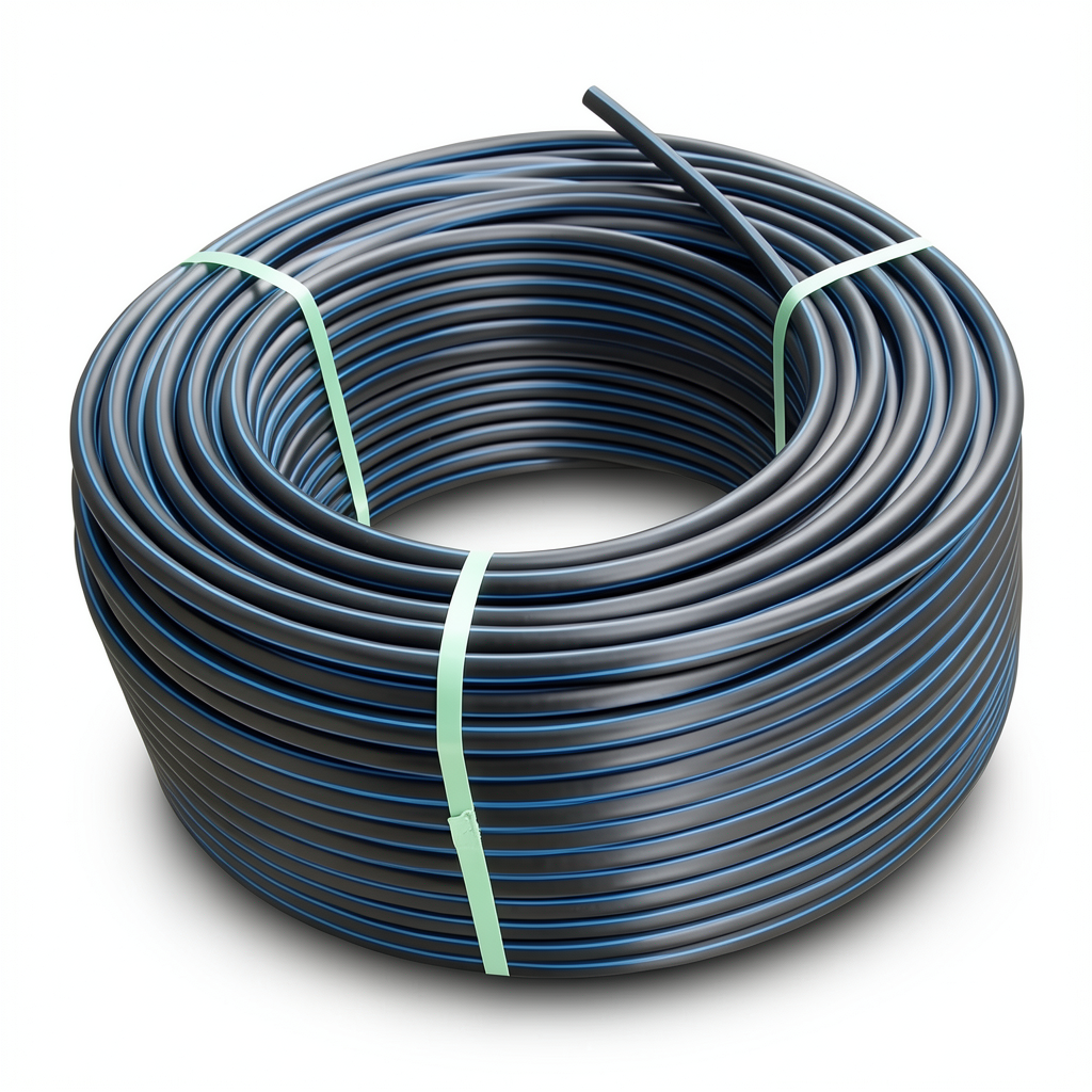 لفة أنابيب بلاستيك HDPE ضغط 20 بار PE 100، قطر خارجي 110 مم SDR 9 أسود مع خطوط زرقاء