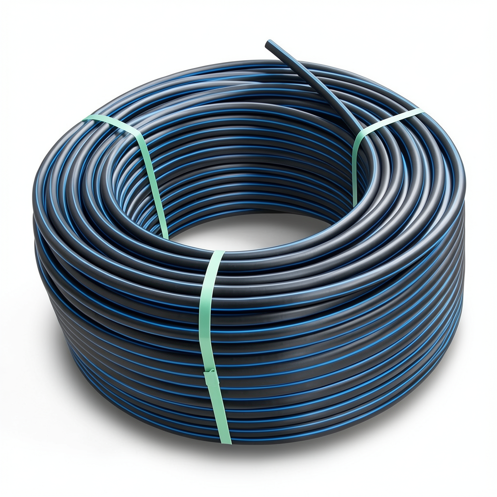 HDPE Plastic Coil Pipe 20 Bar Pressure PE 100, 75 mm OD SDR 9 Black with Blue Stripes