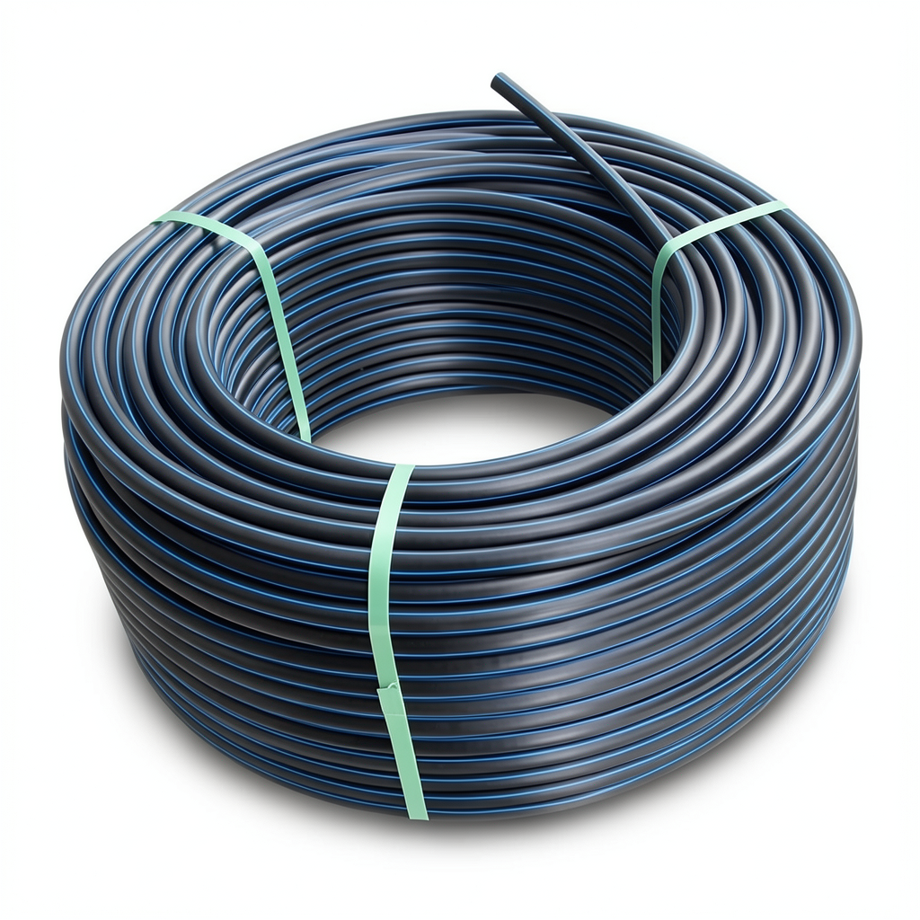 HDPE Plastic Coil Pipe Nominal Pressure 20 Bar PE 100 OD 90 mm SDR 9 Black with Blue Stripes