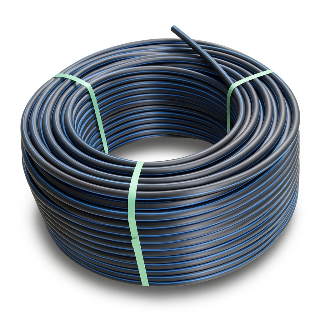 لفة أنابيب بلاستيك HDPE ضغط 20 بار PE 100، قطر خارجي 110 مم SDR 9 أسود مع خطوط زرقاء