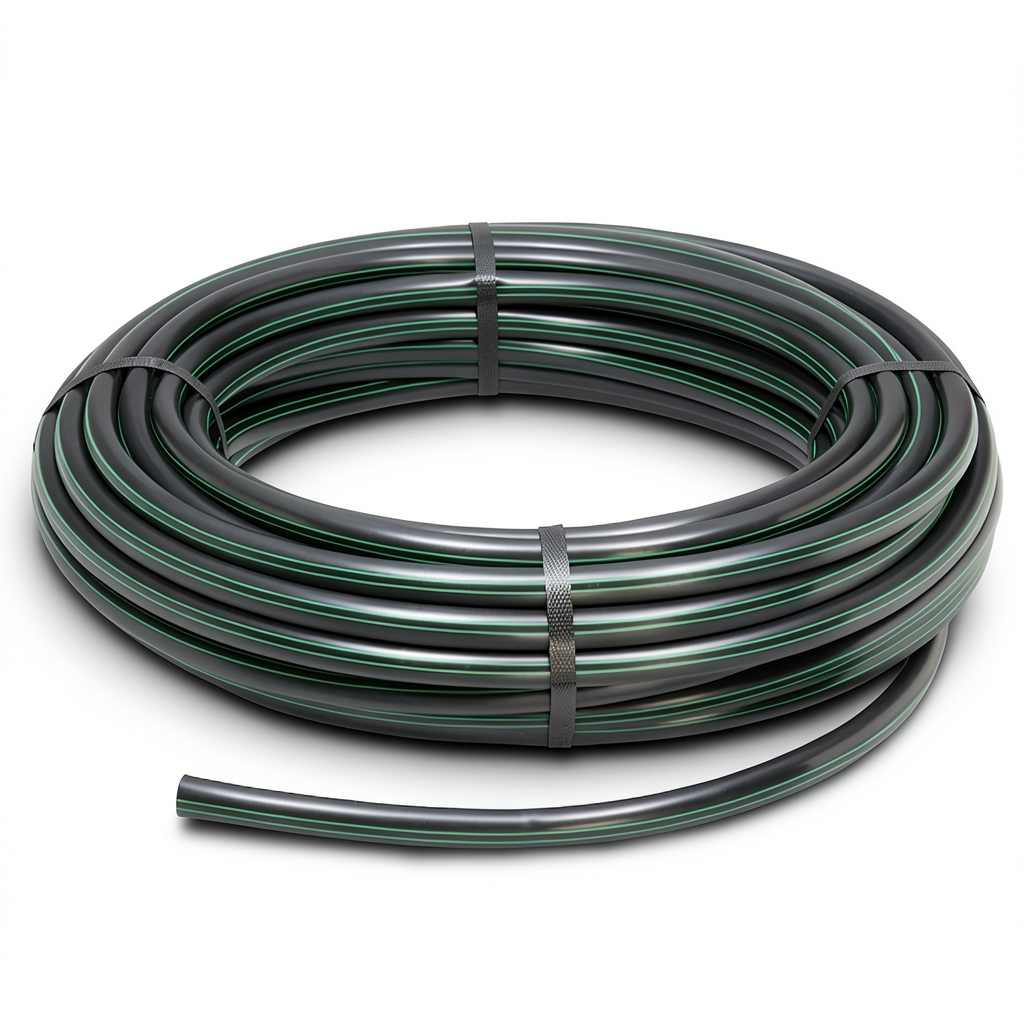 لفة أنابيب بلاستيك HDPE ضغط 4 بار PE 80 قطر خارجي 63 مم SDR 41 اسود مع خط اخضر