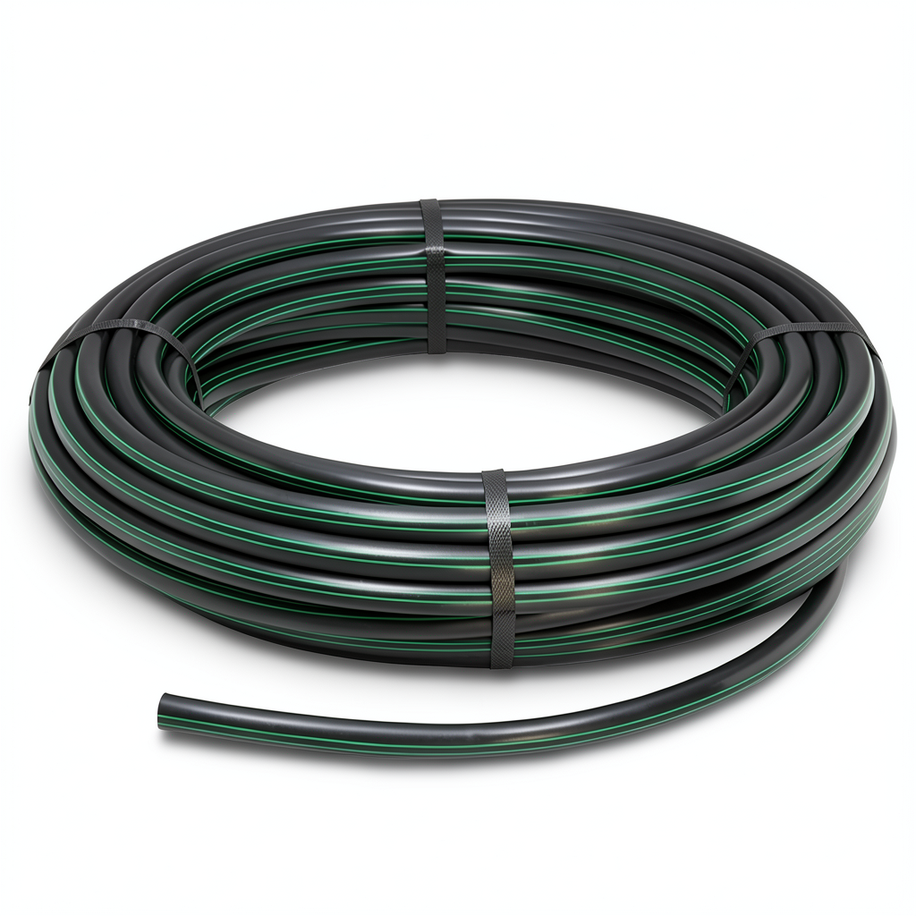 لفة أنابيب HDPE ضغط 4 بار PE 80 قطر خارجي 75 مم SDR 41 أسود مع خطوط خضراء