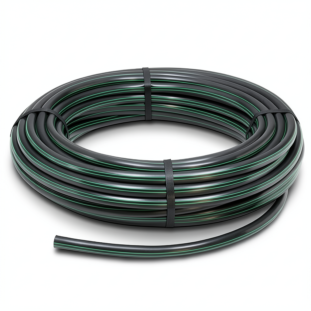 لفة أنابيب بلاستيك HDPE ضغط 4 بار PE 80 قطر خارجي 63 مم SDR 41 اسود مع خط اخضر