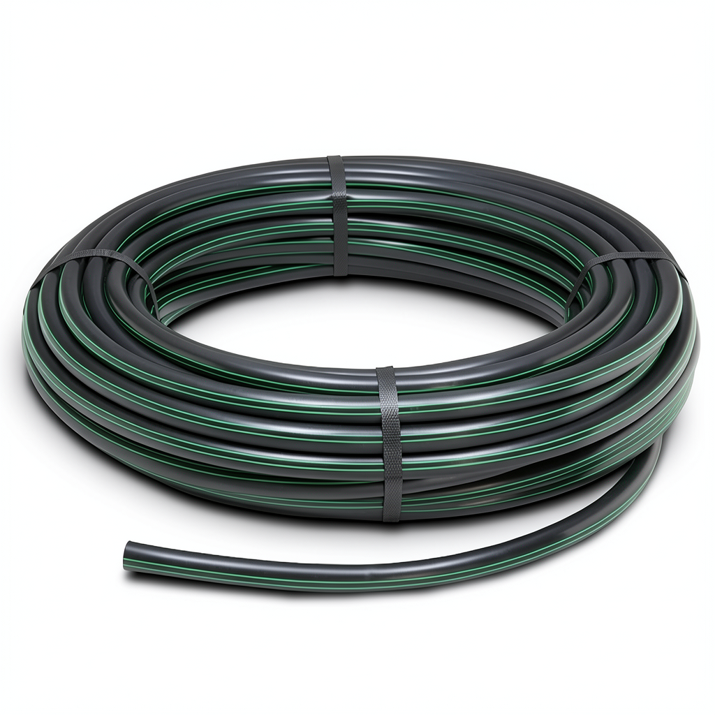 لفة أنابيب بلاستيك HDPE ضغط 4 بار PE 80 قطر خارجي 110 مم SDR 41 أسود مع خط أخضر