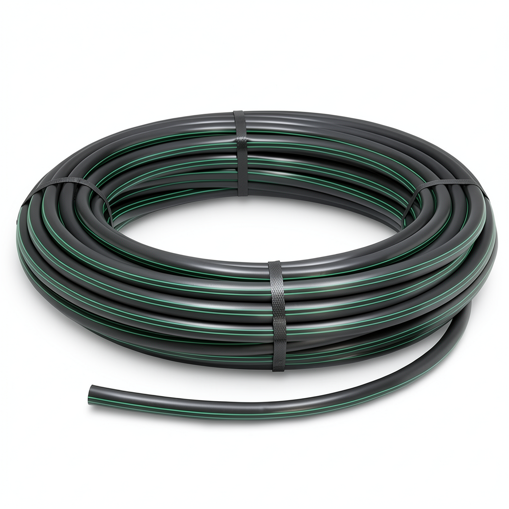 لفة أنابيب HDPE ضغط 4 بار PE 80 قطر خارجي 140 مم SDR 41 أسود مع خطوط خضراء