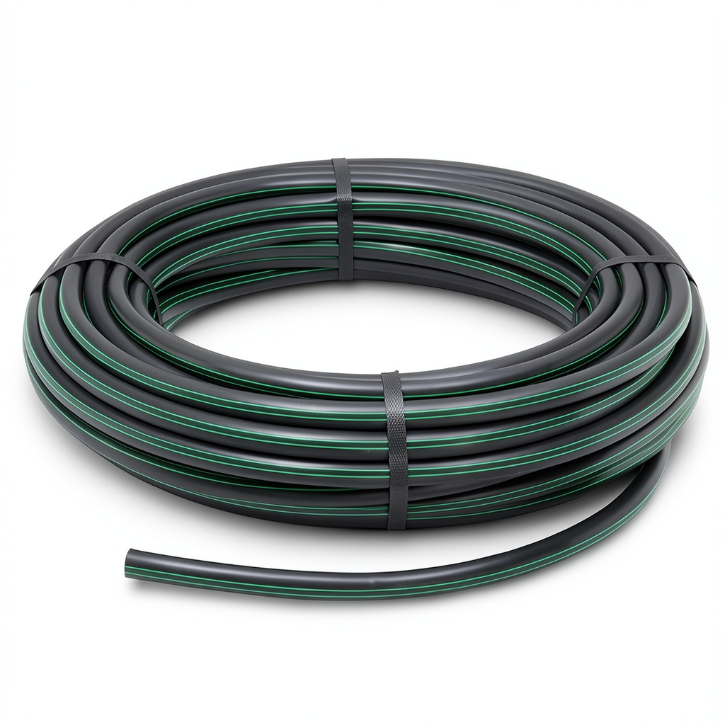 لفة أنابيب HDPE ضغط اسمي 4 بار PE 80 قطر خارجي 160 مم SDR 41 أسود مع خطوط خضراء