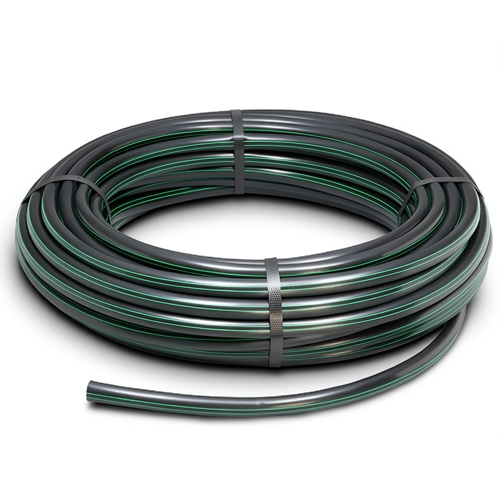 لفة أنابيب HDPE ضغط 4 بار PE 80 قطر خارجي 50 مم SDR 33 أسود مع خطوط خضراء