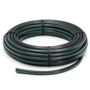 لفة أنابيب HDPE ضغط 4 بار PE 80، قطر خارجي 63 مم، SDR 33 أسود مع خط أخضر