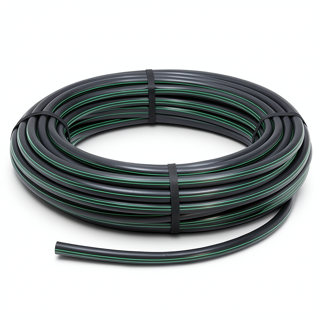 HDPE Plastic Coil Pipe PN 4 Bar PE 80, 63 mm Diameter, SDR 33 Black with Green Stripes