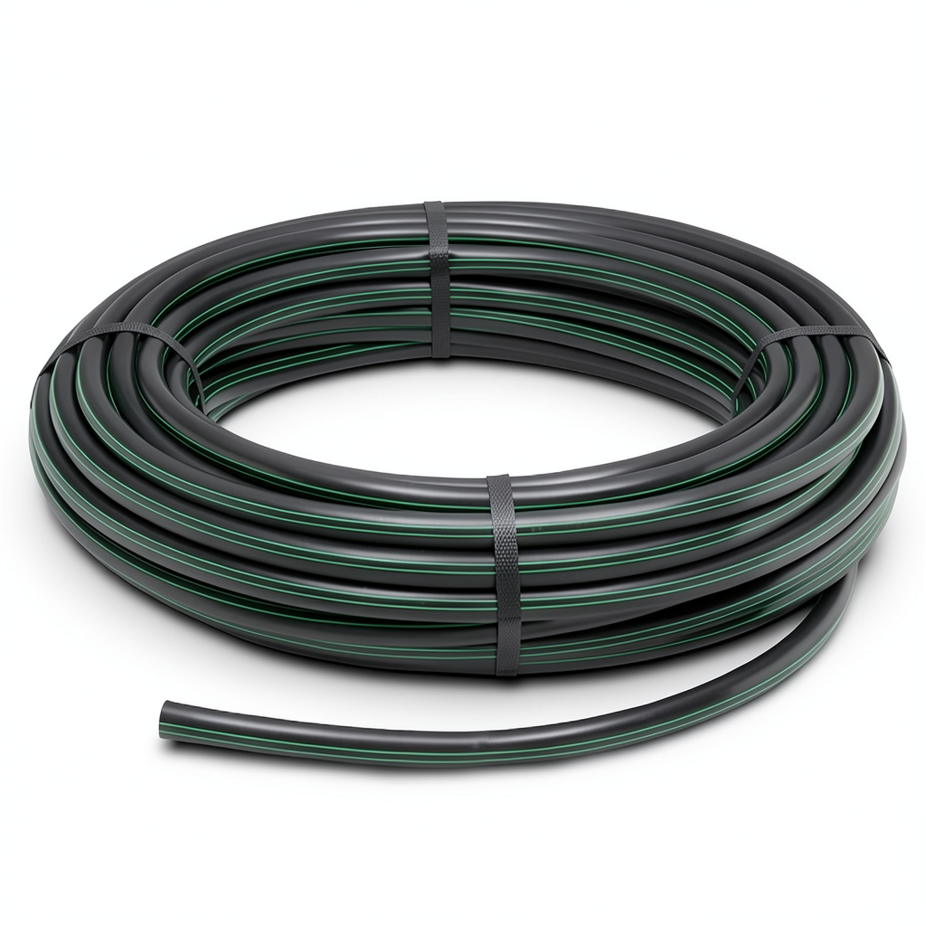 HDPE Plastic Coil Pipe PN 4 Bar PE 80, 125 mm Diameter SDR 33 Black with Green Stripes