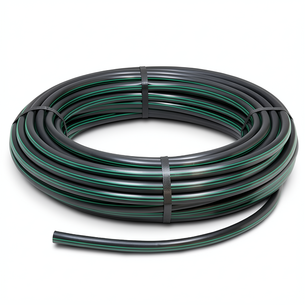 لفة أنابيب بلاستيك HDPE ضغط 6 بار PE 80 قطر خارجي 75 مم SDR 22 أسود مع خطوط خضراء