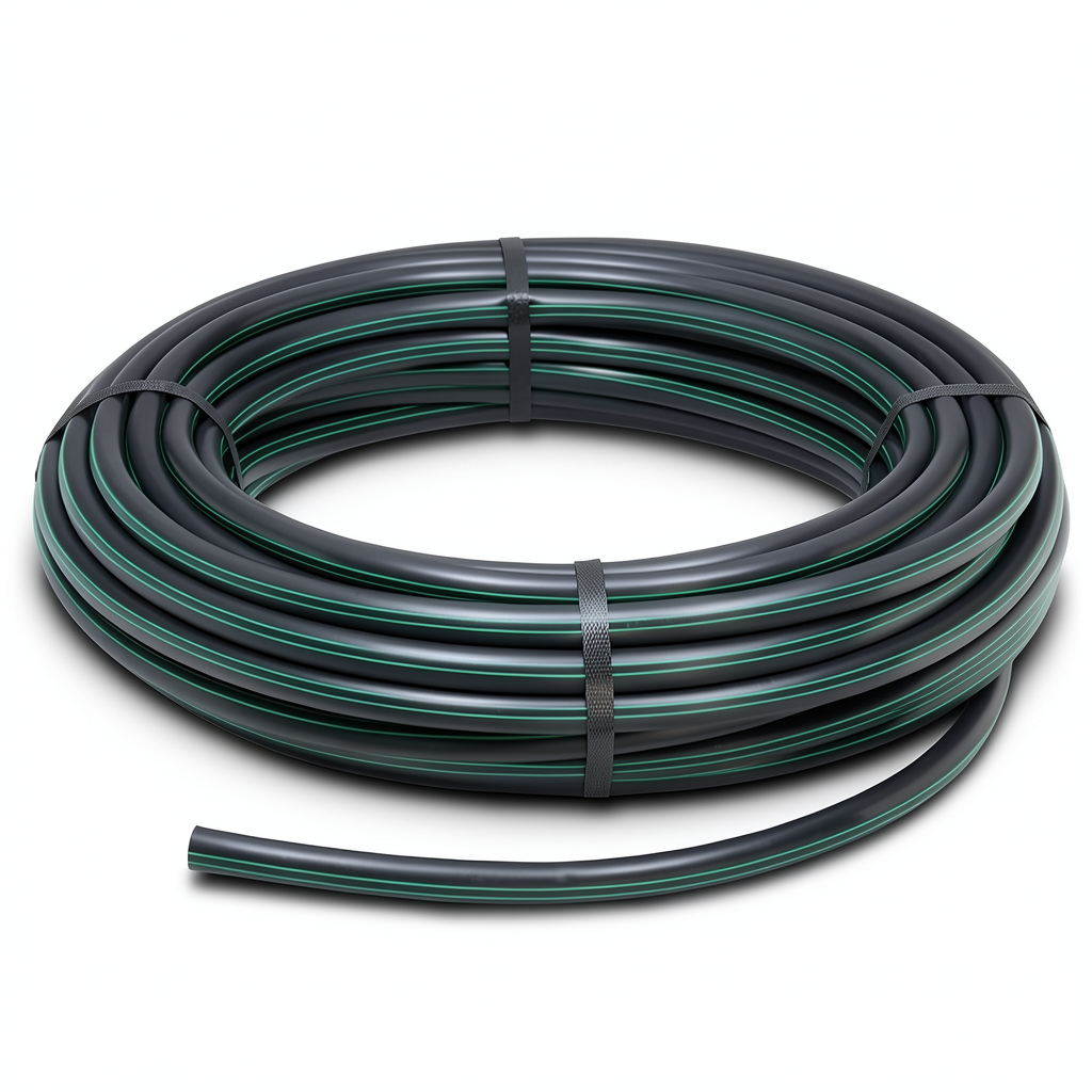 لفة أنابيب HDPE ضغط 10 بار PE 80 قطر خارجي 20 مم SDR 13.6 أسود مع خط أخضر