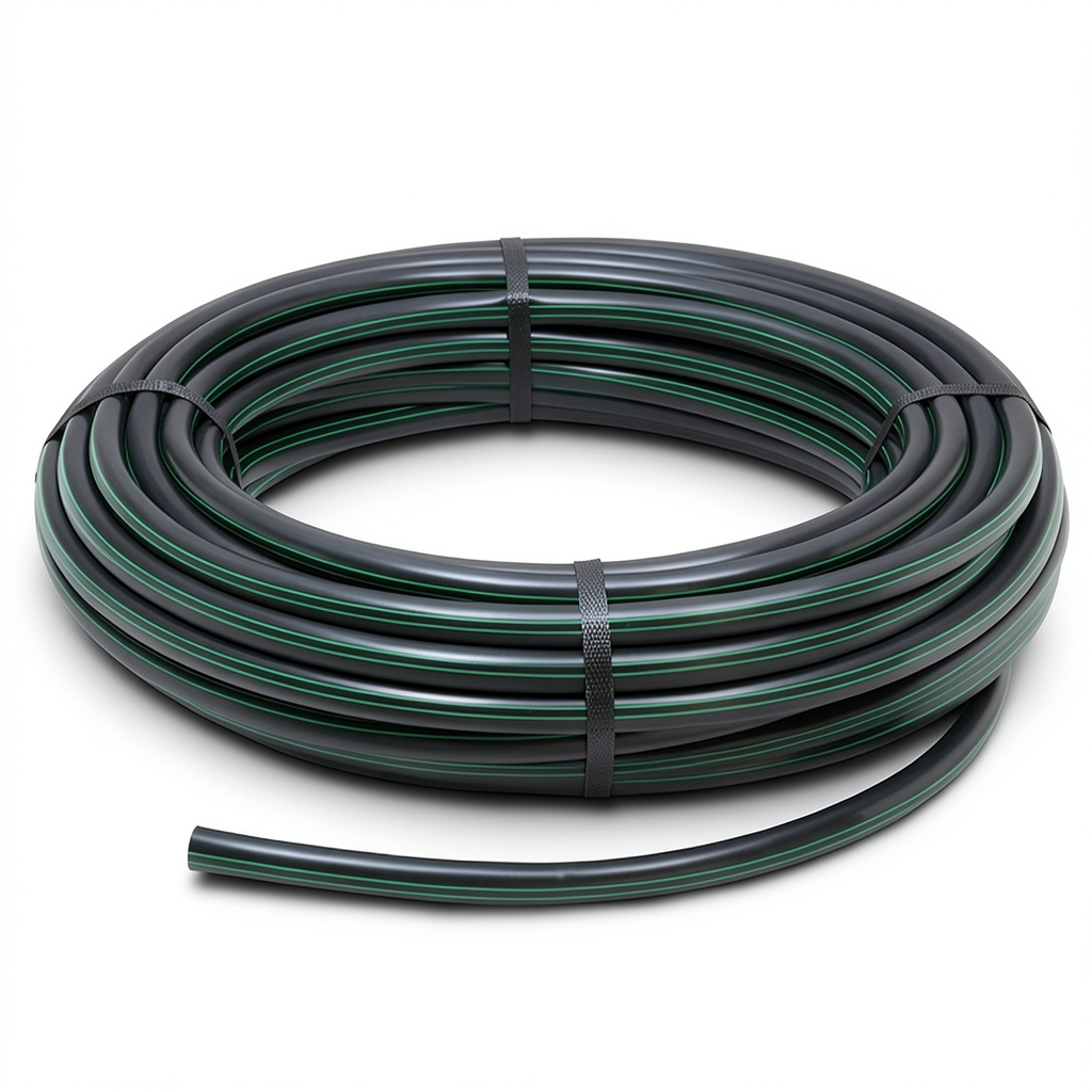 HDPE Plastic Coil Pipe PN 10 Bar PE 80 50 mm SDR 13.6 Black with Green Stripes