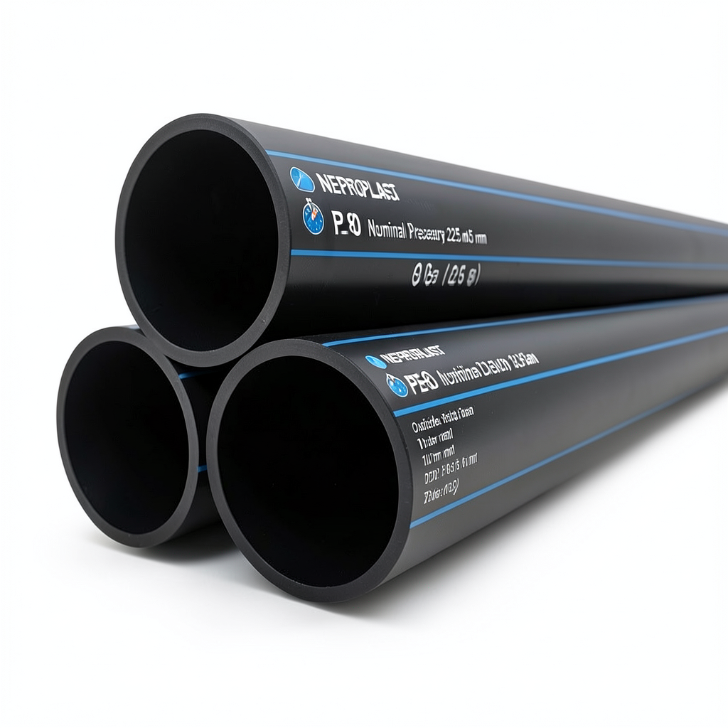 أنابيب HDPE PE 80 ضغط اسمي 10 بار قطر خارجي 225 مم سمك 16.6 مم لون أسود | نيبروبلاست