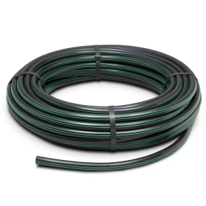 لفة أنابيب HDPE ضغط 10 بار PE 80 قطر خارجي 50 مم SDR 13.6 لون أسود مع خط أخضر