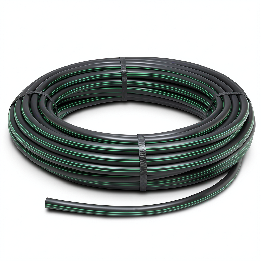 لفة أنابيب HDPE ضغط 10 بار PE 80 قطر خارجي 50 مم SDR 13.6 لون أسود مع خط أخضر