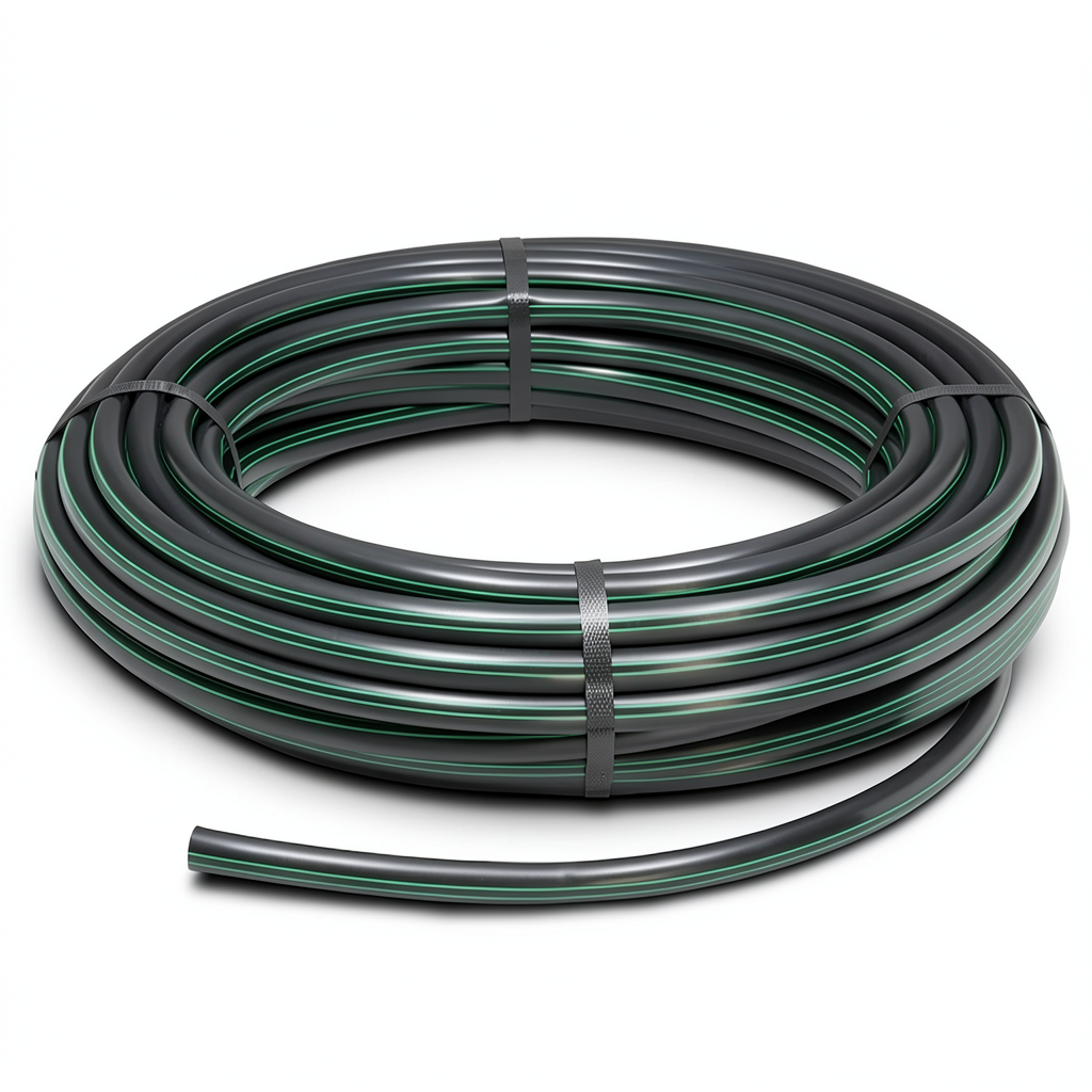 لفة أنابيب HDPE ضغط 10 بار PE 80 قطر خارجي 63 مم SDR 13.6 أسود مع خط أخضر