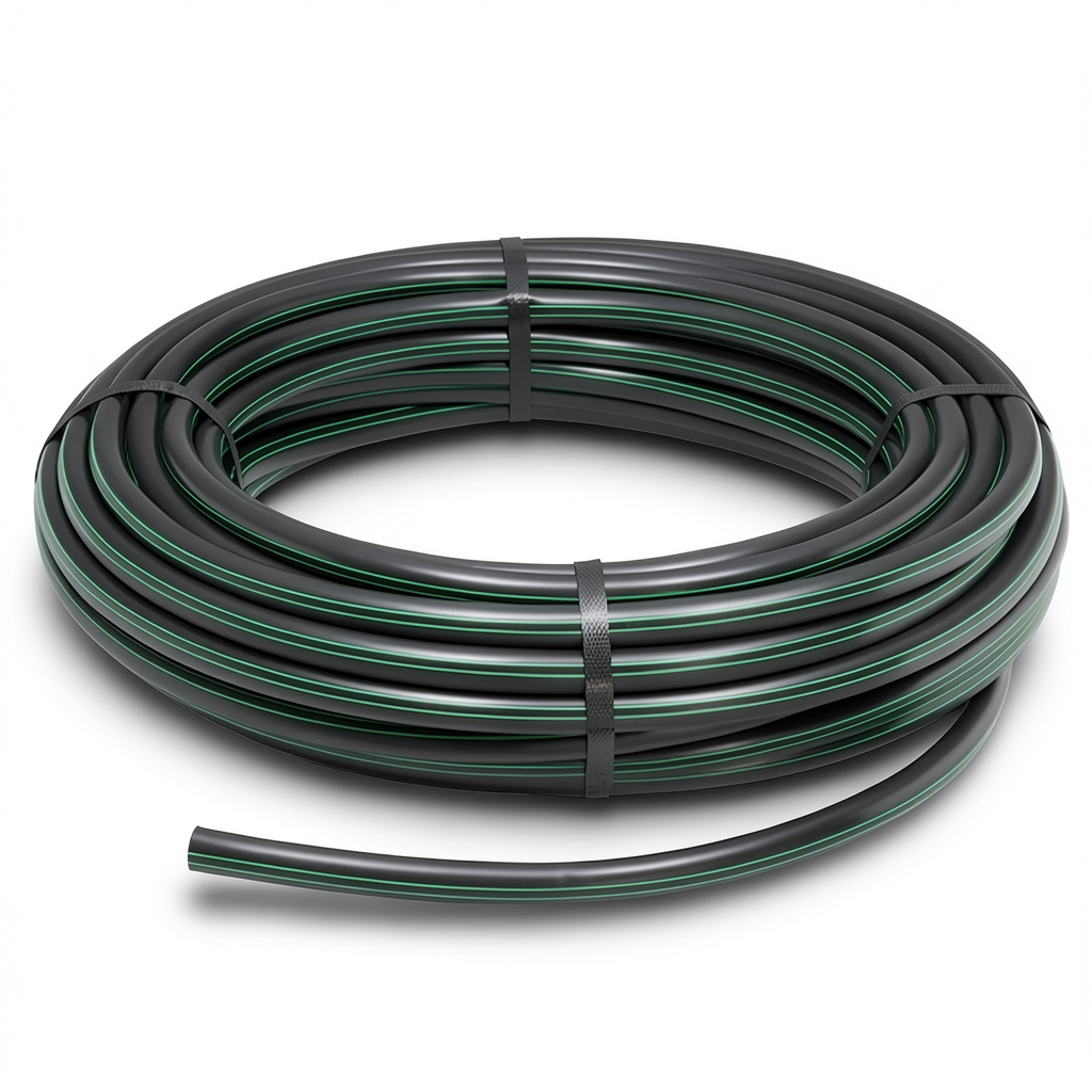 لفة أنابيب بلاستيك HDPE ضغط 10 بار PE 80 قطر خارجي 90 مم SDR 13.6 أسود مع خطوط خضراء