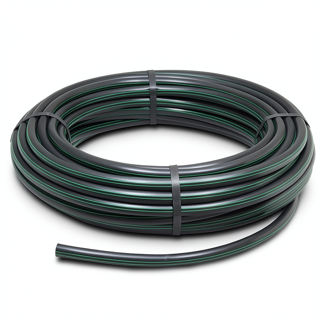 لفة أنابيب HDPE ضغط 10 بار PE 80 قطر خارجي 125 مم SDR 13.6 أسود مع خطوط خضراء