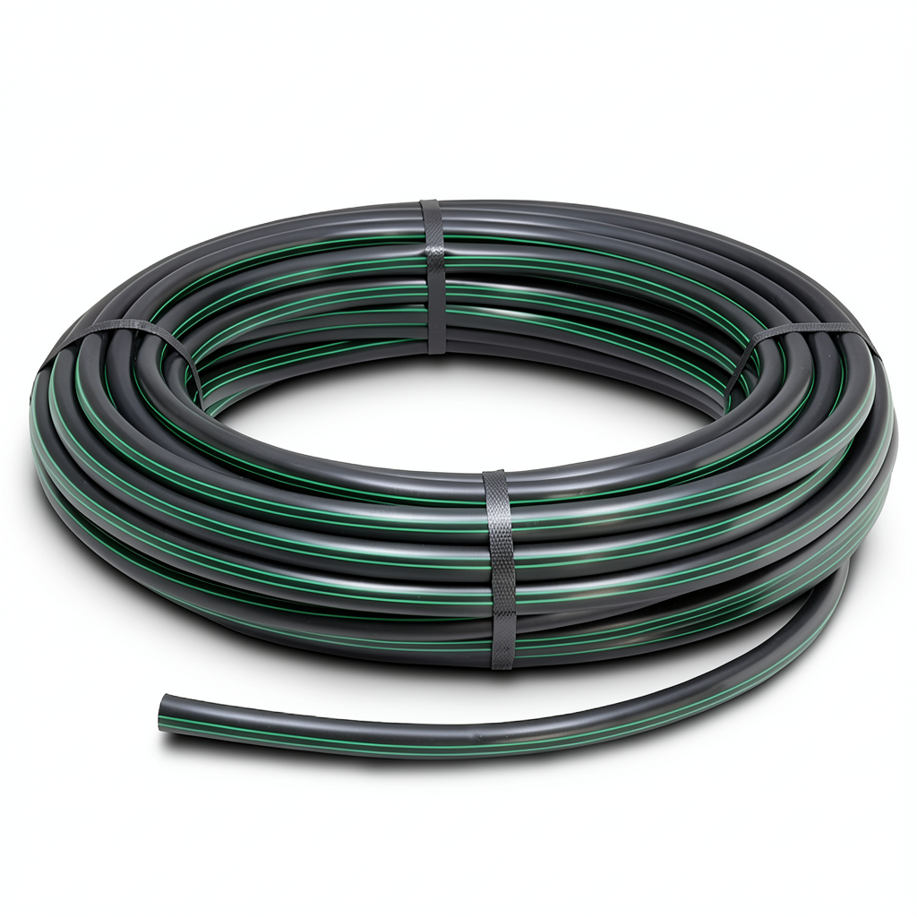 لفة أنابيب HDPE ضغط 10 بار PE 80 قطر خارجي 140 مم SDR 13.6 أسود مع خطوط خضراء
