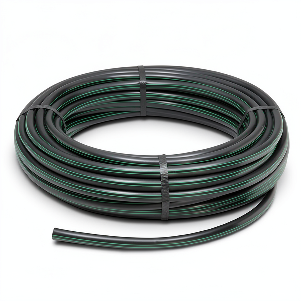 لفة أنابيب HDPE ضغط 10 بار PE 80 قطر خارجي 63 مم SDR 13.6 أسود مع خط أخضر