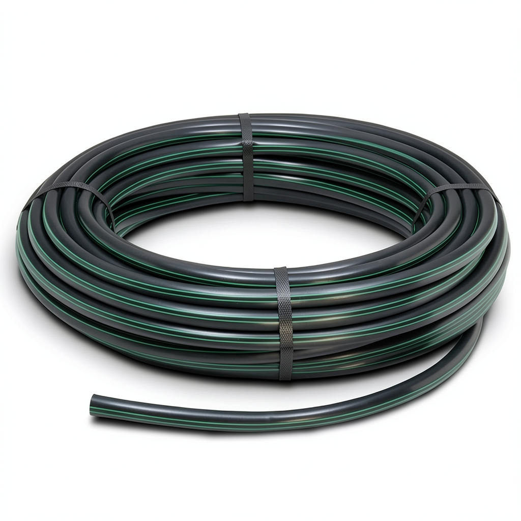 لفة أنابيب بلاستيك HDPE ضغط 10 بار PE 80 قطر خارجي 90 مم SDR 13.6 أسود مع خطوط خضراء