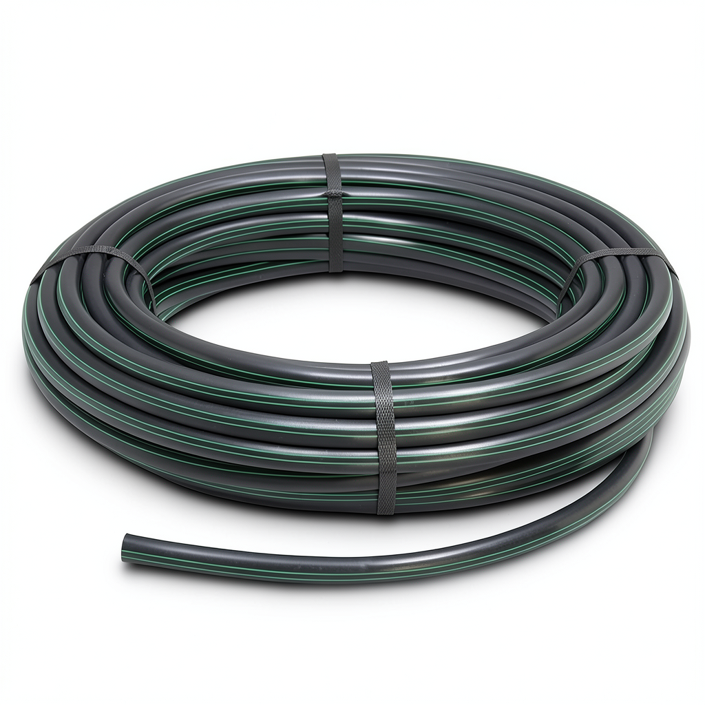 لفة أنابيب HDPE ضغط 12.5 بار PE 80 قطر خارجي 63 مم SDR 11 أسود مع خطوط خضراء