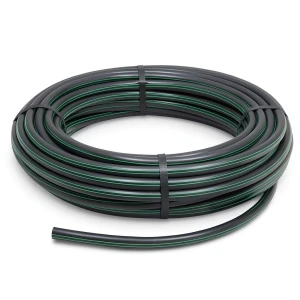 لفة أنابيب HDPE ضغط 12.5 بار PE 80، قطر خارجي 125 مم SDR 11 أسود مع خط أخضر