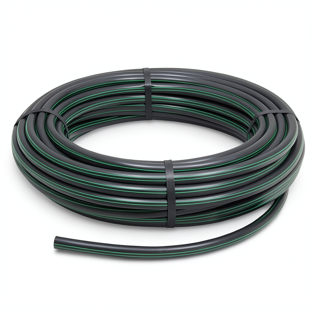 لفة أنابيب HDPE ضغط 12.5 بار PE 80، قطر خارجي 125 مم SDR 11 أسود مع خط أخضر
