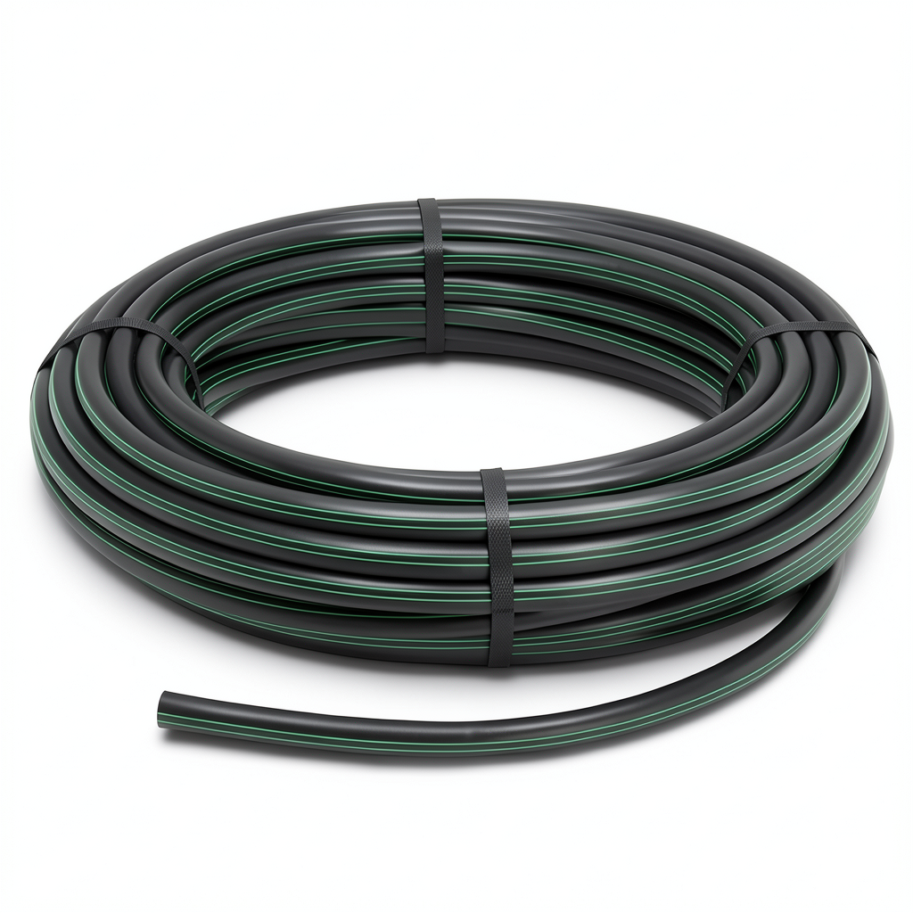 لفة أنابيب HDPE ضغط 12.5 بار PE 80، قطر خارجي 125 مم SDR 11 أسود مع خط أخضر
