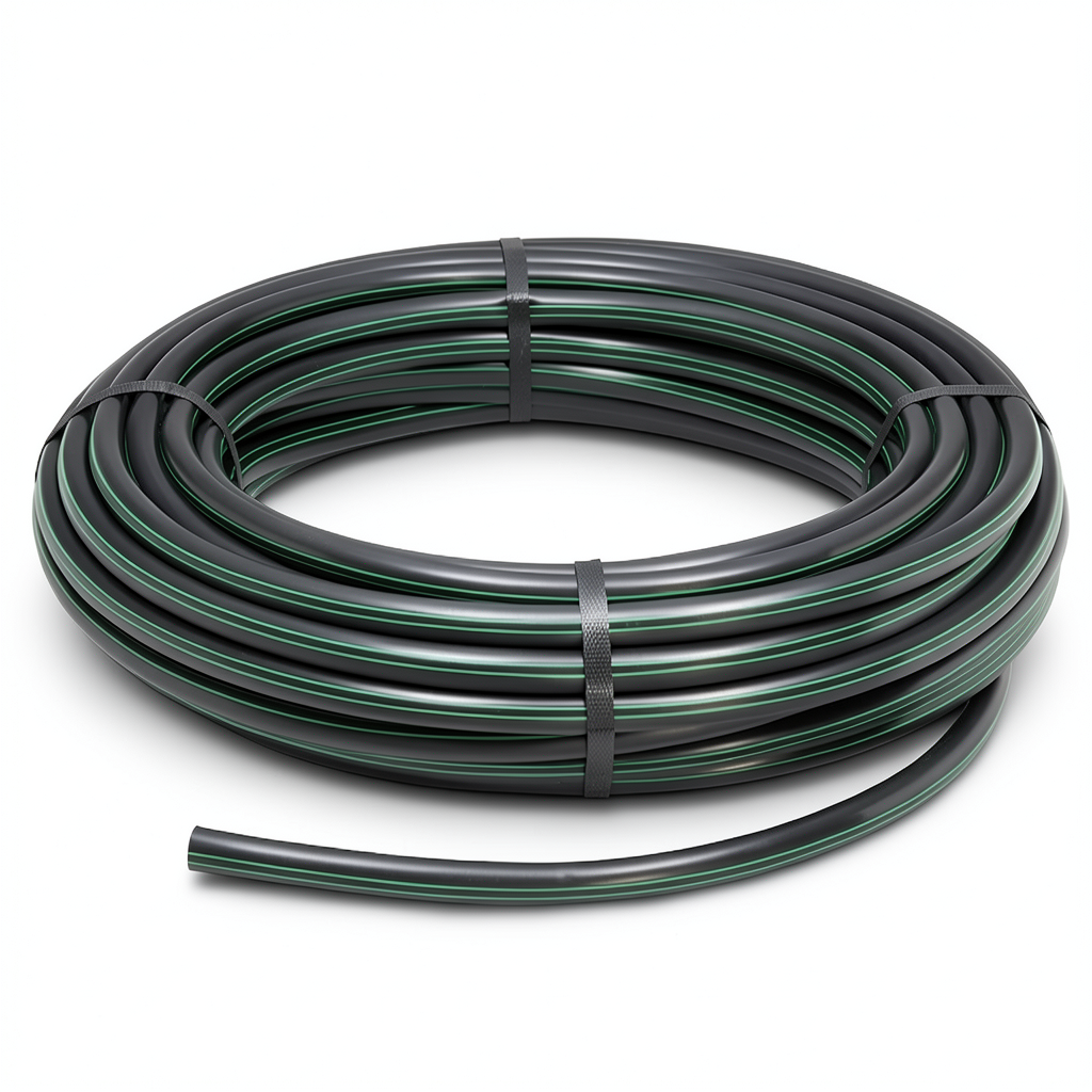 لفة أنابيب HDPE ضغط 16 بار PE 80 قطر خارجي 50 مم SDR 9 أسود مع خط أخضر